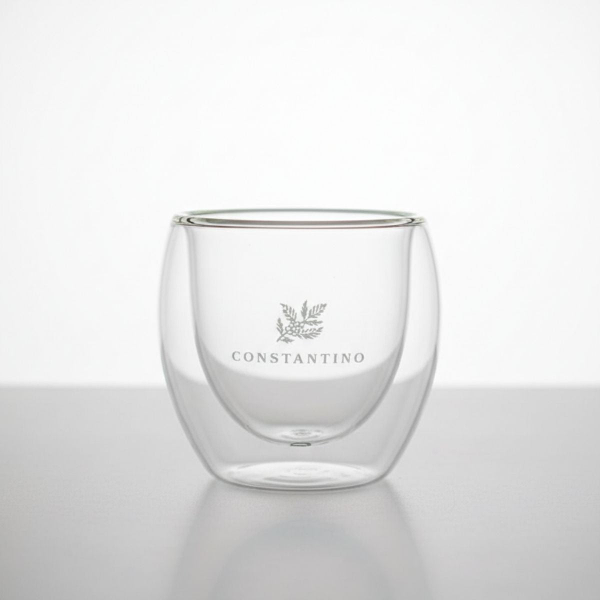 Taza de vidrio doble pared marca Constantino para café espresso de 80ml con logotipo grabado