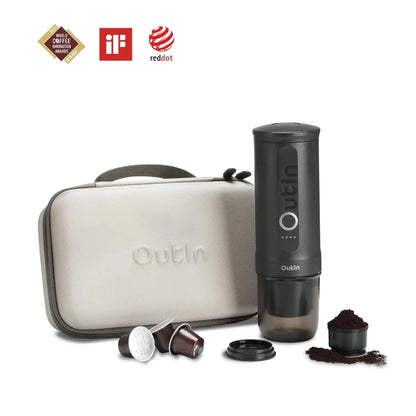 OutIn Nano Travel Kit Gris - Cafetera Portátil de Viaje con Estuche