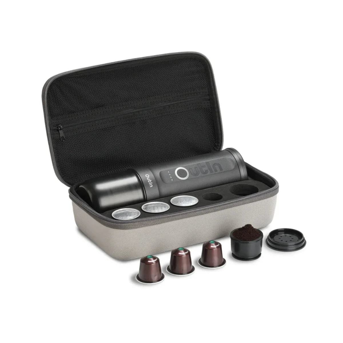 OutIn Nano Travel Kit Gris - Cafetera Portátil de Viaje con Estuche