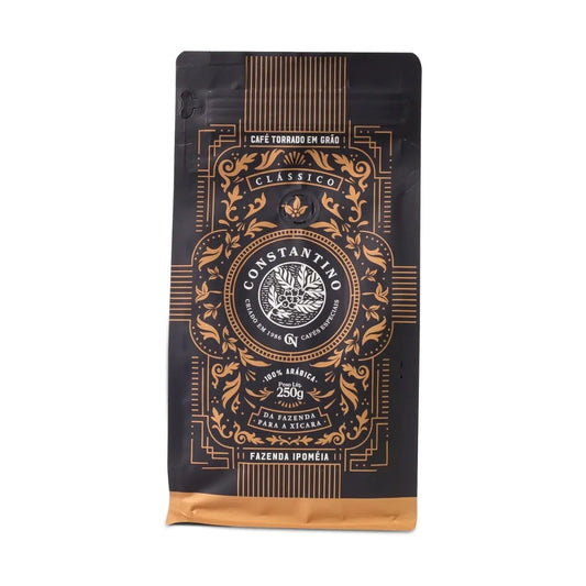 Café Constantino 100% Arábica, café de especialidad 250 g – bolsa negra y dorada con válvula, vista frontal