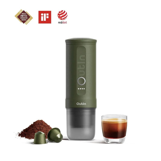 Cafetera espresso portátil Outin Nano Verde Bosque con cápsulas Nespresso y café molido Chile