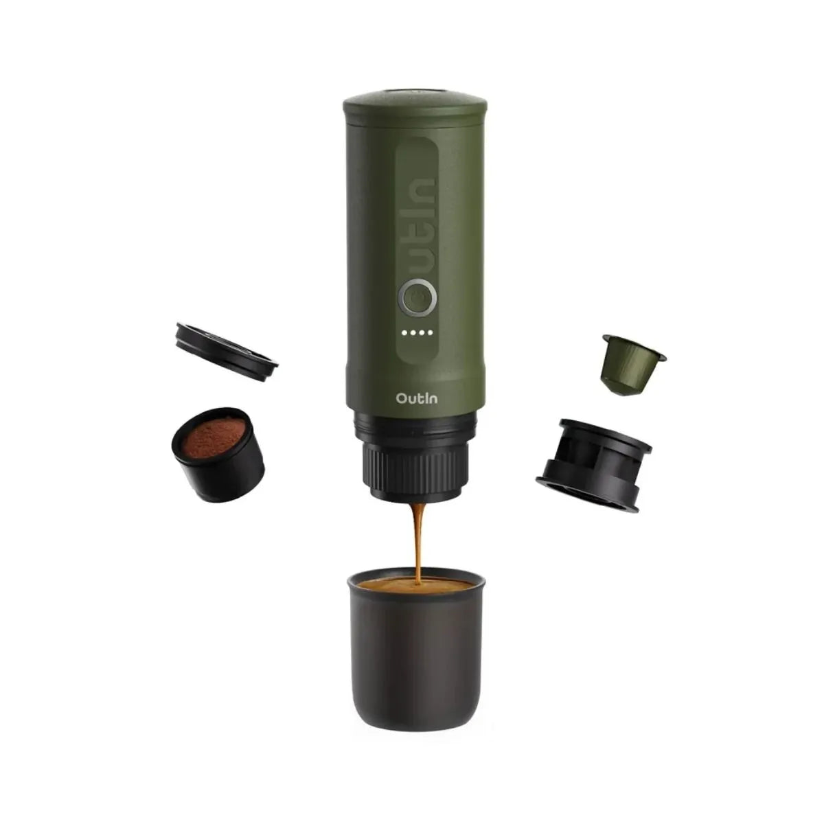 Cafetera Outin Nano Verde Bosque extrayendo espresso con cápsulas compatibles Chile