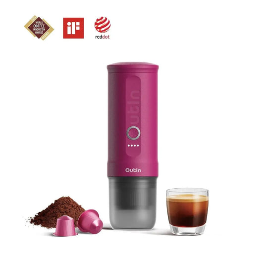 Cafetera espresso portátil Outin Nano Fucsia con cápsulas Nespresso y café molido Chile