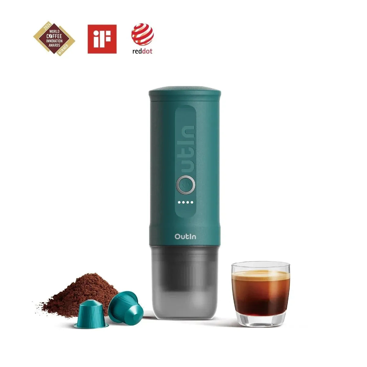 Cafetera espresso portátil Outin Nano Turquesa con cápsulas Nespresso y café molido Chile