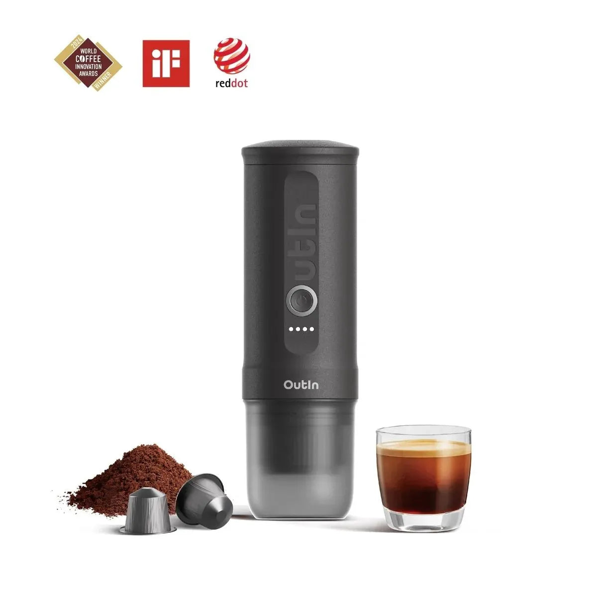 Cafetera espresso portátil Outin Nano Gris Espacial con cápsulas Nespresso y café molido Chile