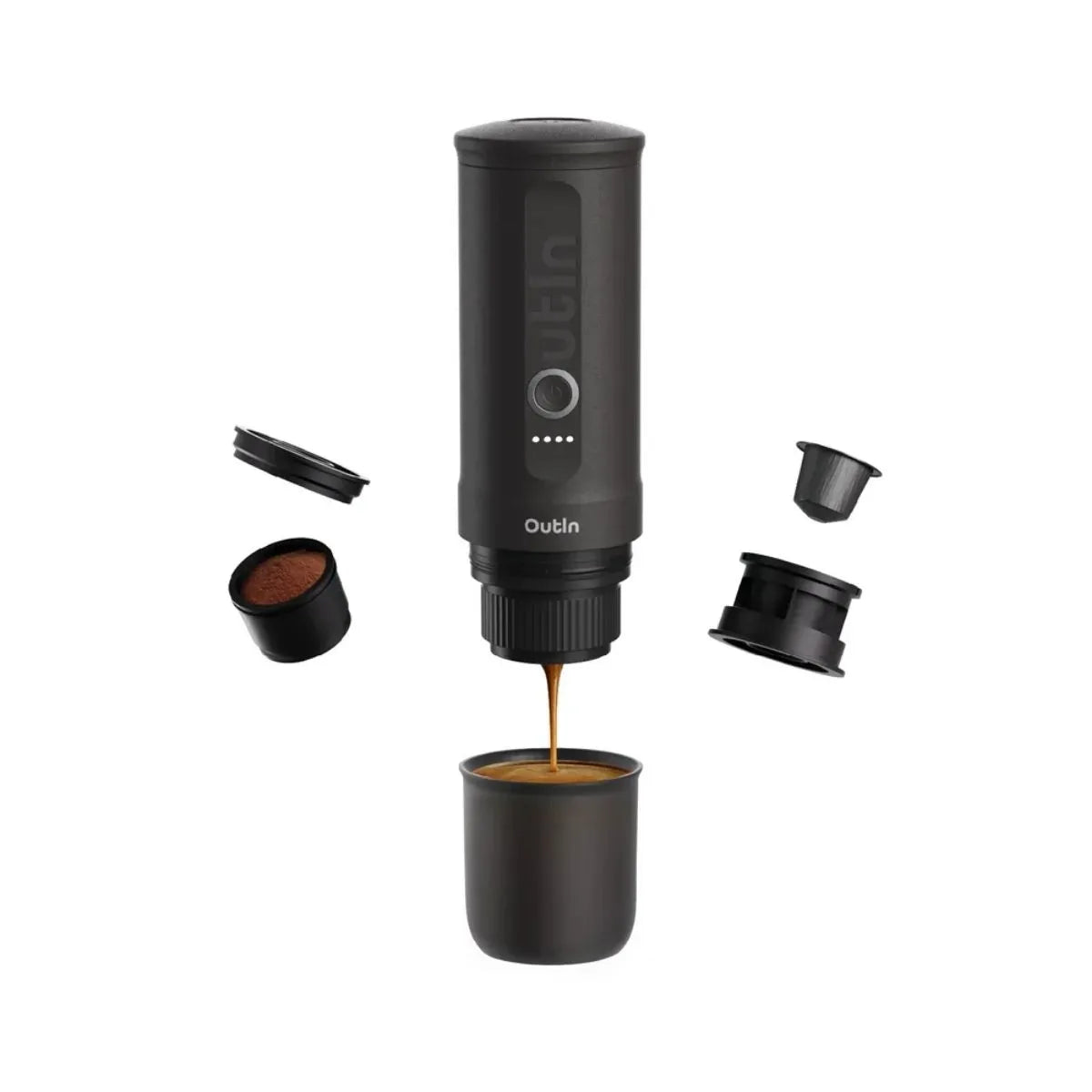 Cafetera Outin Nano Gris Espacial extrayendo espresso con cápsulas compatibles Chile