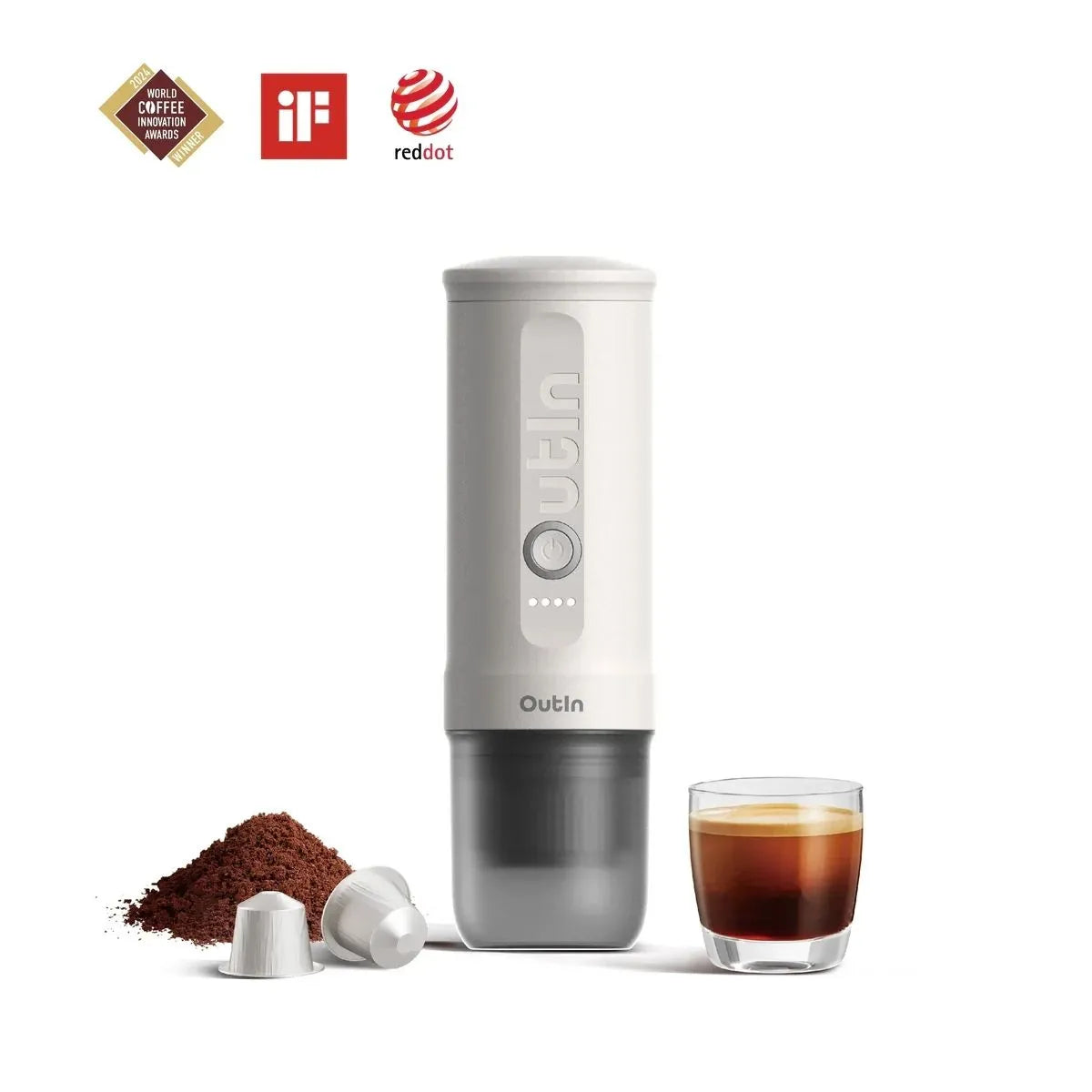 Cafetera espresso portátil Outin Nano Blanco Perla con cápsulas Nespresso y café molido Chile