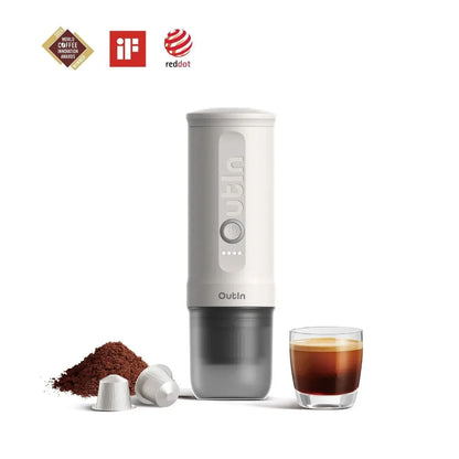 Cafetera espresso portátil Outin Nano Blanco Perla con cápsulas Nespresso y café molido Chile