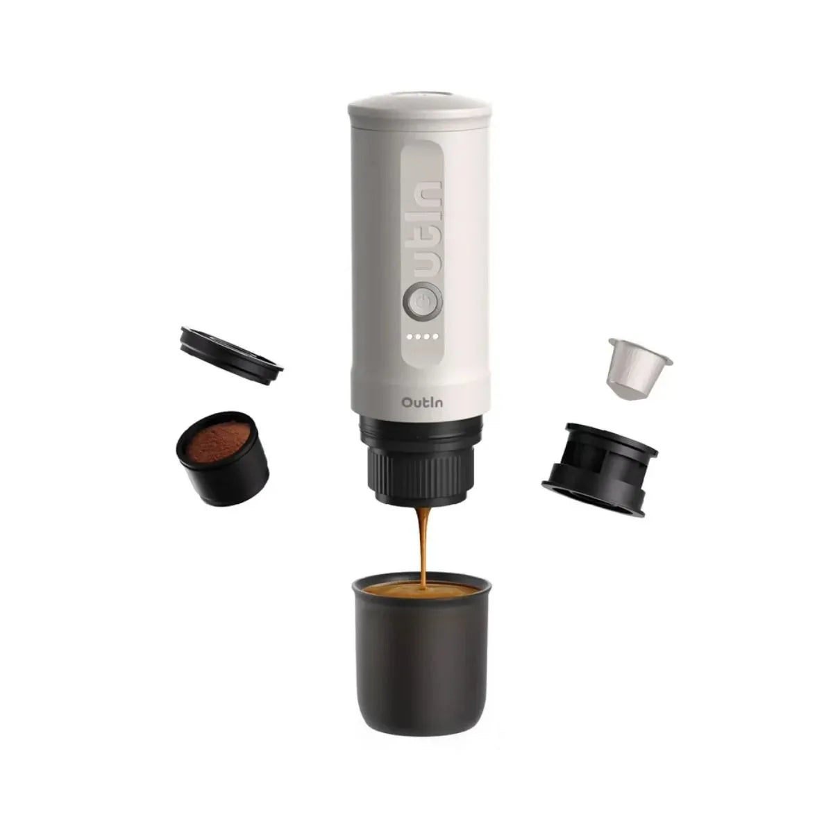 Cafetera Outin Nano Blanco Perla extrayendo espresso con cápsulas compatibles Chile