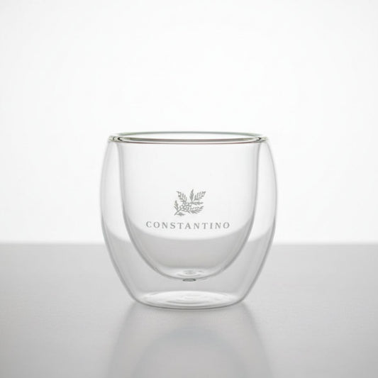 Taza de vidrio doble pared marca Constantino para café espresso de 80ml con logotipo grabado